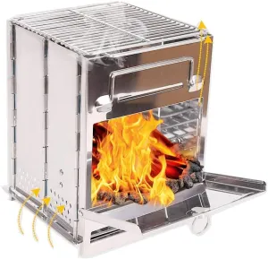 Wood Burning Camp BBQ Stove Folding Portable Backpacking Stove, Small/Large Stainless Steel 304# Grill with Pot Stand for Hiking Camping Picnic (Large)