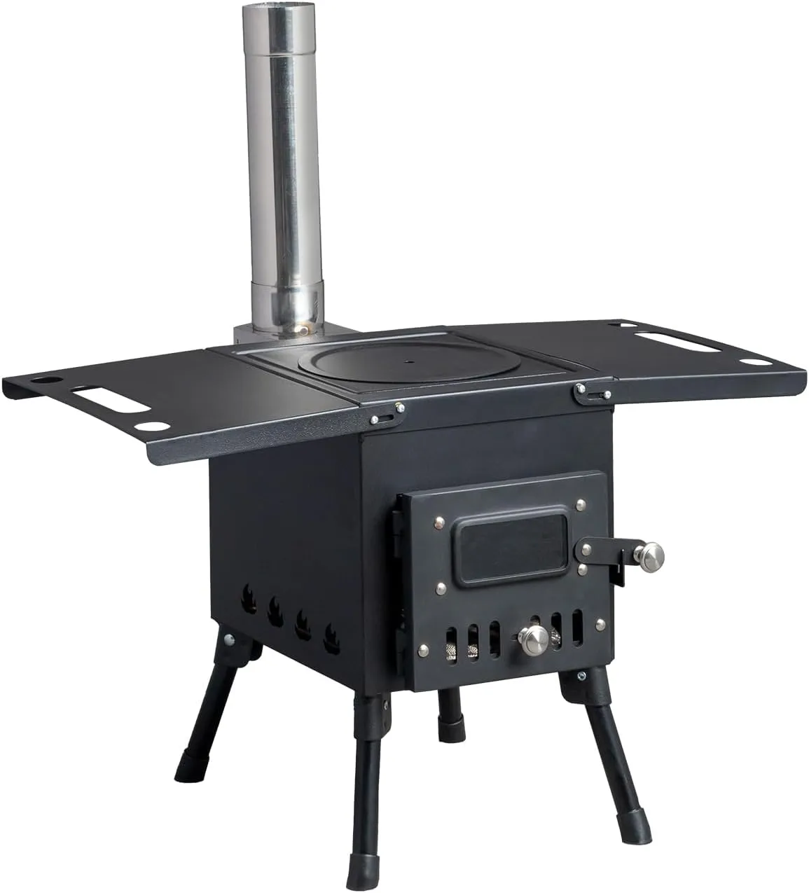 Wood Burning Portable Folding Camping Stove with Chimney, Pipe, Fire Blanket, Black