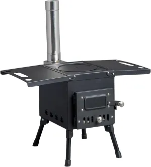 Wood Burning Portable Folding Camping Stove with Chimney, Pipe, Fire Blanket, Black
