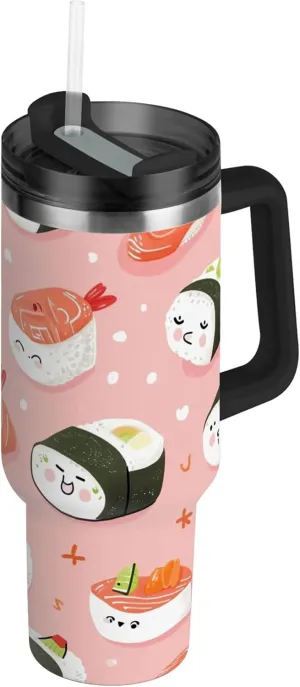 xigua 40 oz Cute Sushi Tumbler with Handle and Straw Lid, Stainless Steel Vacuum Insulated Sports Water Bottle, Keeps Cold or Hot Coffee Cup Travel Mug