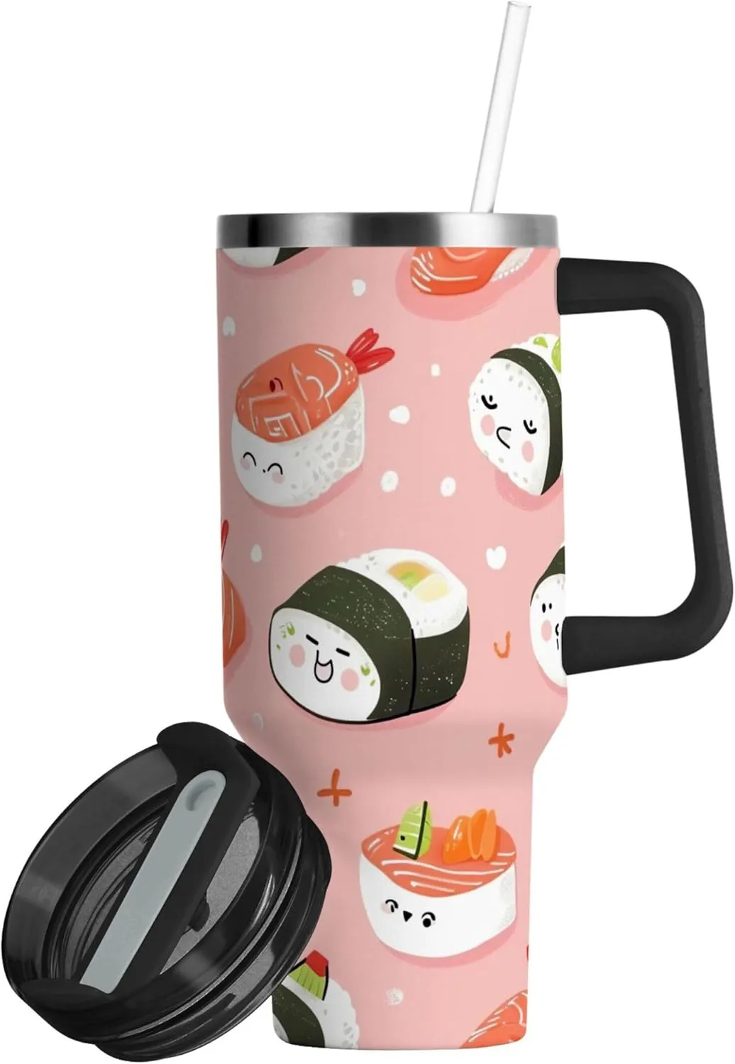 xigua 40 oz Cute Sushi Tumbler with Handle and Straw Lid, Stainless Steel Vacuum Insulated Sports Water Bottle, Keeps Cold or Hot Coffee Cup Travel Mug