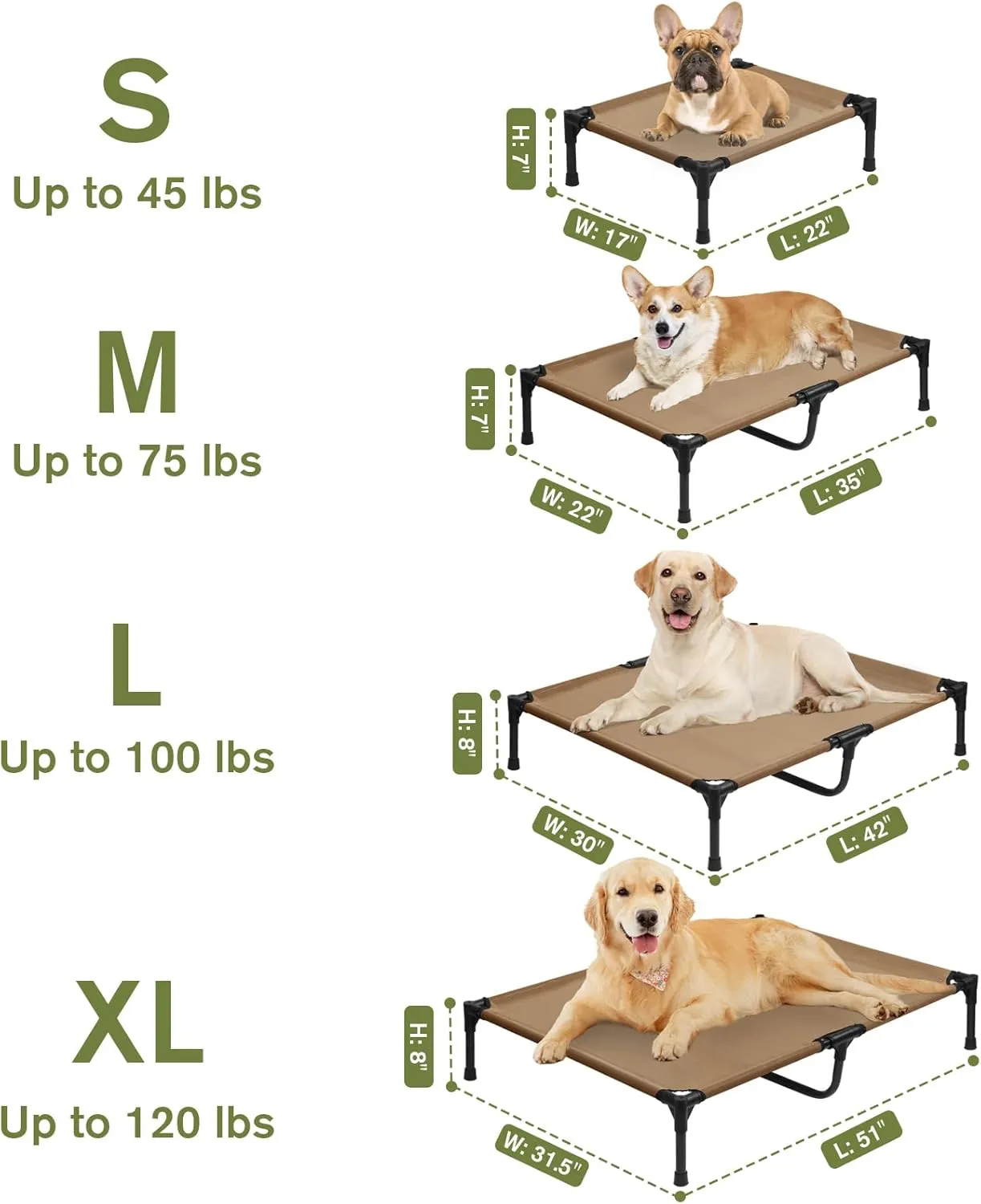 XL Elevated Dog Bed, Portable Raised Dog Cots Beds with Frame, Cooling Heavy Duty Pet Cot for Extra Large Dogs, Durable Pets Hammock with Non-Slip Feet, Easy to Clean, Brown