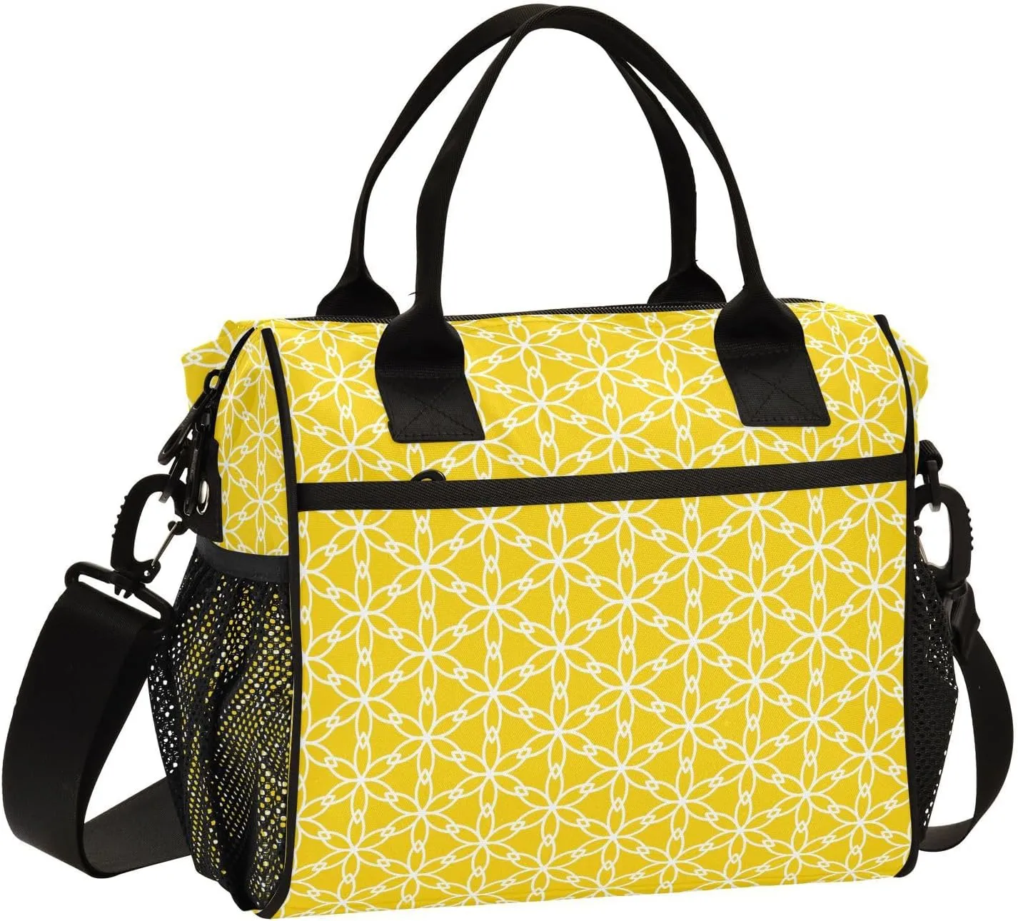 Yellow Hexagonal Floral Lunch Bag Insulated Lunch Box for Women Cooler Bag Reusable Lunch Tote Bag Men Leakproof Lunchbox with Shoulder Strap School Work Picnic