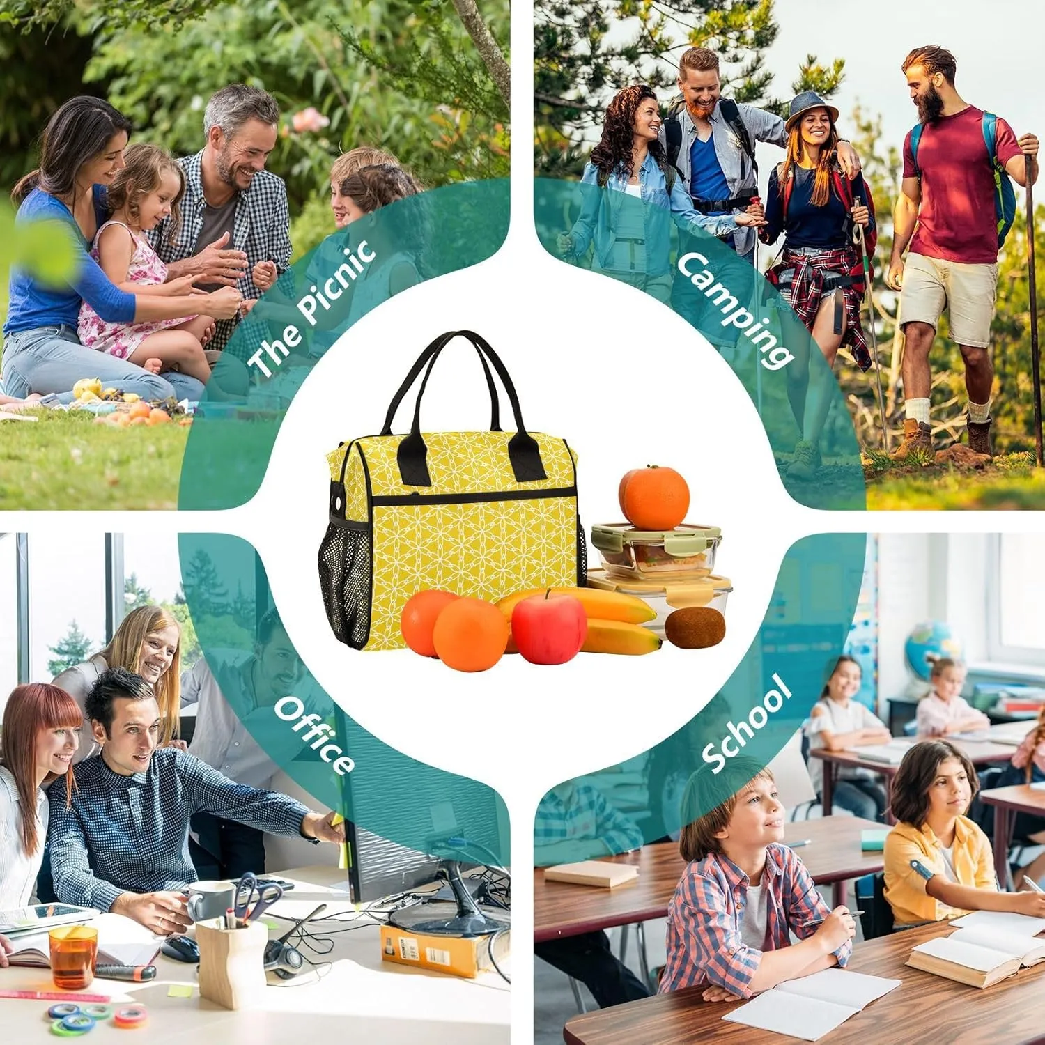 Yellow Hexagonal Floral Lunch Bag Insulated Lunch Box for Women Cooler Bag Reusable Lunch Tote Bag Men Leakproof Lunchbox with Shoulder Strap School Work Picnic