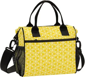 Yellow Hexagonal Floral Lunch Bag Insulated Lunch Box for Women Cooler Bag Reusable Lunch Tote Bag Men Leakproof Lunchbox with Shoulder Strap School Work Picnic