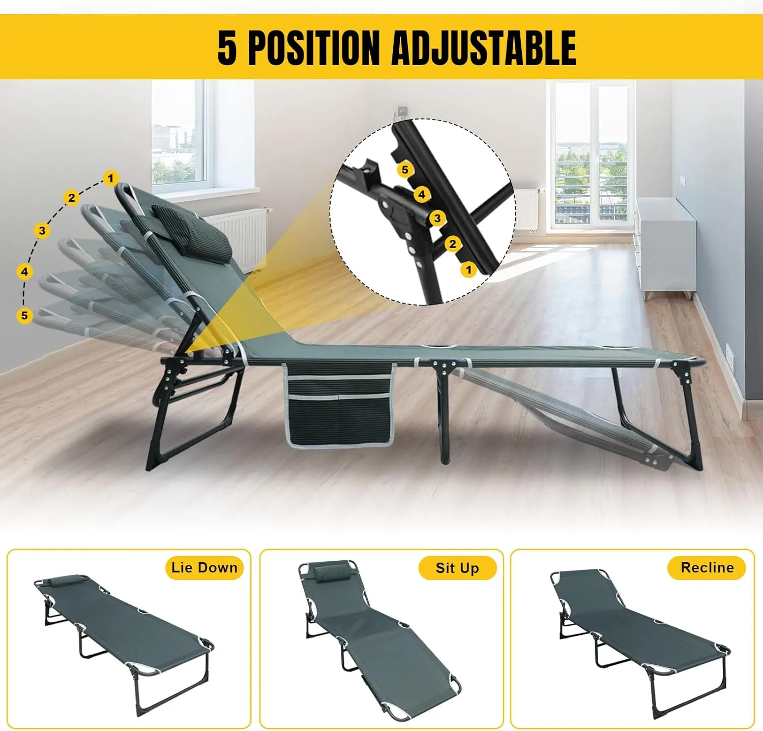 YELLOW JACKET Folding Camping Cot for Adults Adjustable 5-Position Portable Sleeping Cot Bed with Pillow and Removable Mattress Reclining Foldable Camp Cots for Outdoor,Home,Beach,Patio,Grey