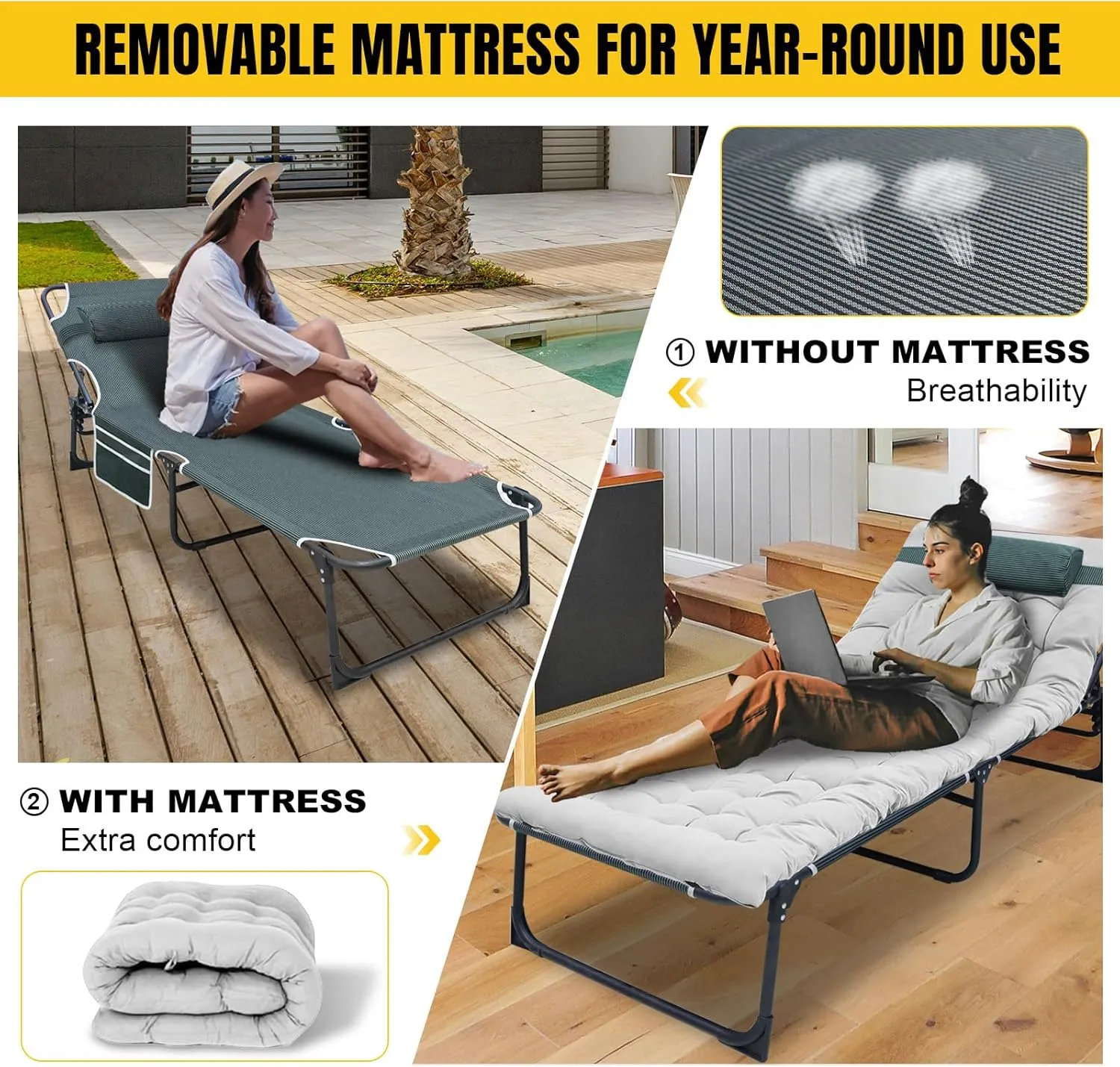 YELLOW JACKET Folding Camping Cot for Adults Adjustable 5-Position Portable Sleeping Cot Bed with Pillow and Removable Mattress Reclining Foldable Camp Cots for Outdoor,Home,Beach,Patio,Grey