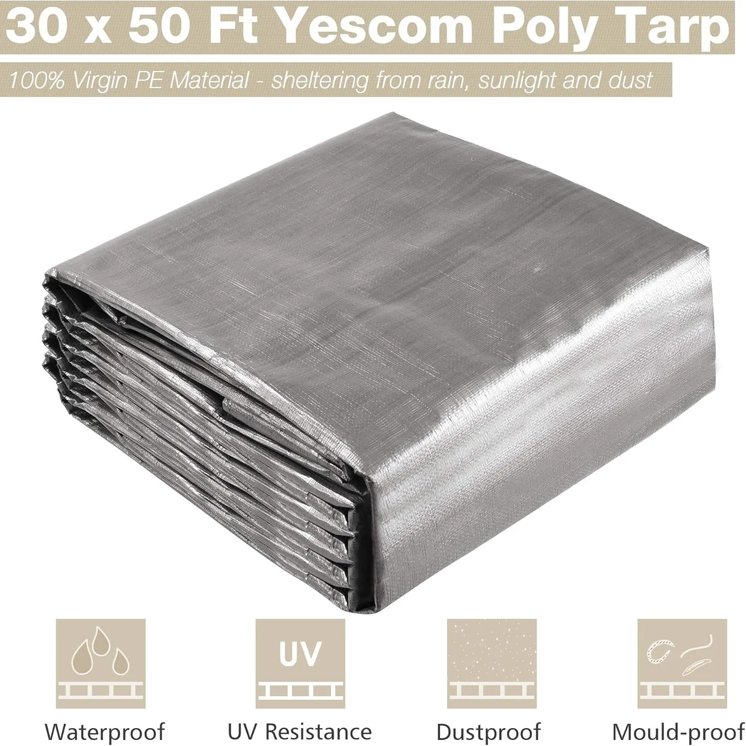 Yescom 50x30ft Heavy Duty Reinforced Poly Tarp Waterproof Tarpaulin 10mil Ground Sheet Camping Tent Cover with Eyelets Reversible Silver Black Tarps