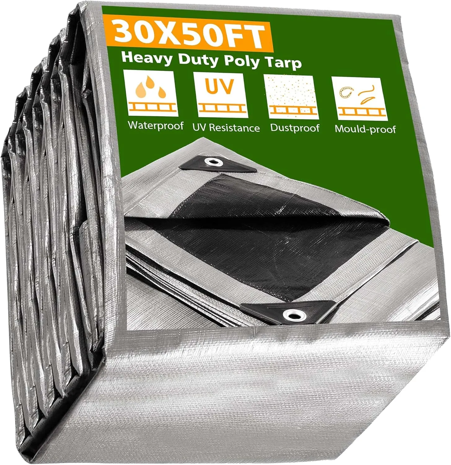 Yescom 50x30ft Heavy Duty Reinforced Poly Tarp Waterproof Tarpaulin 10mil Ground Sheet Camping Tent Cover with Eyelets Reversible Silver Black Tarps