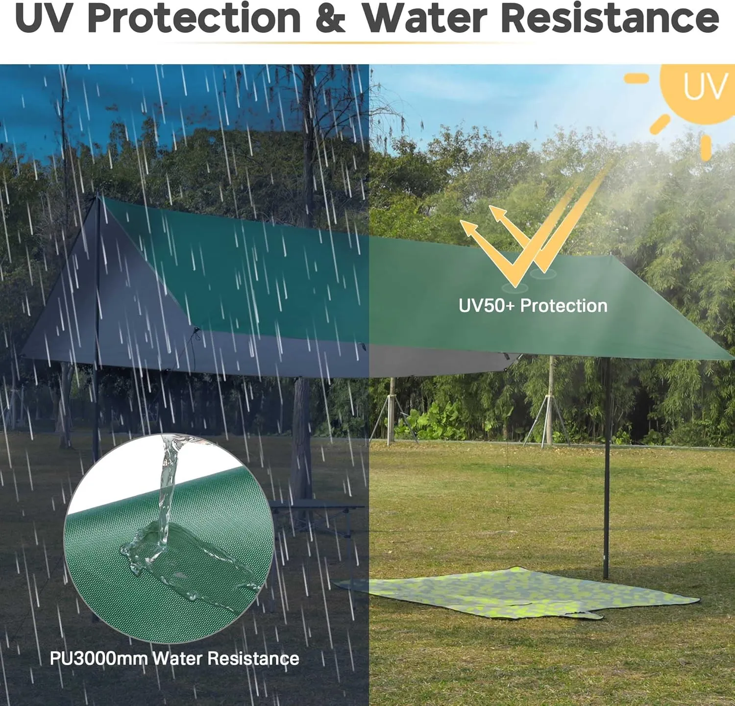 Yescom Hammock Rain Fly Waterproof Tent Tarp, 210D Oxford, UV Protection and PU3000mm Lightweight Shelter Canopy Including Accessories for Camping, Backpacking and Outdoor Adventure (Green-10x15FT)
