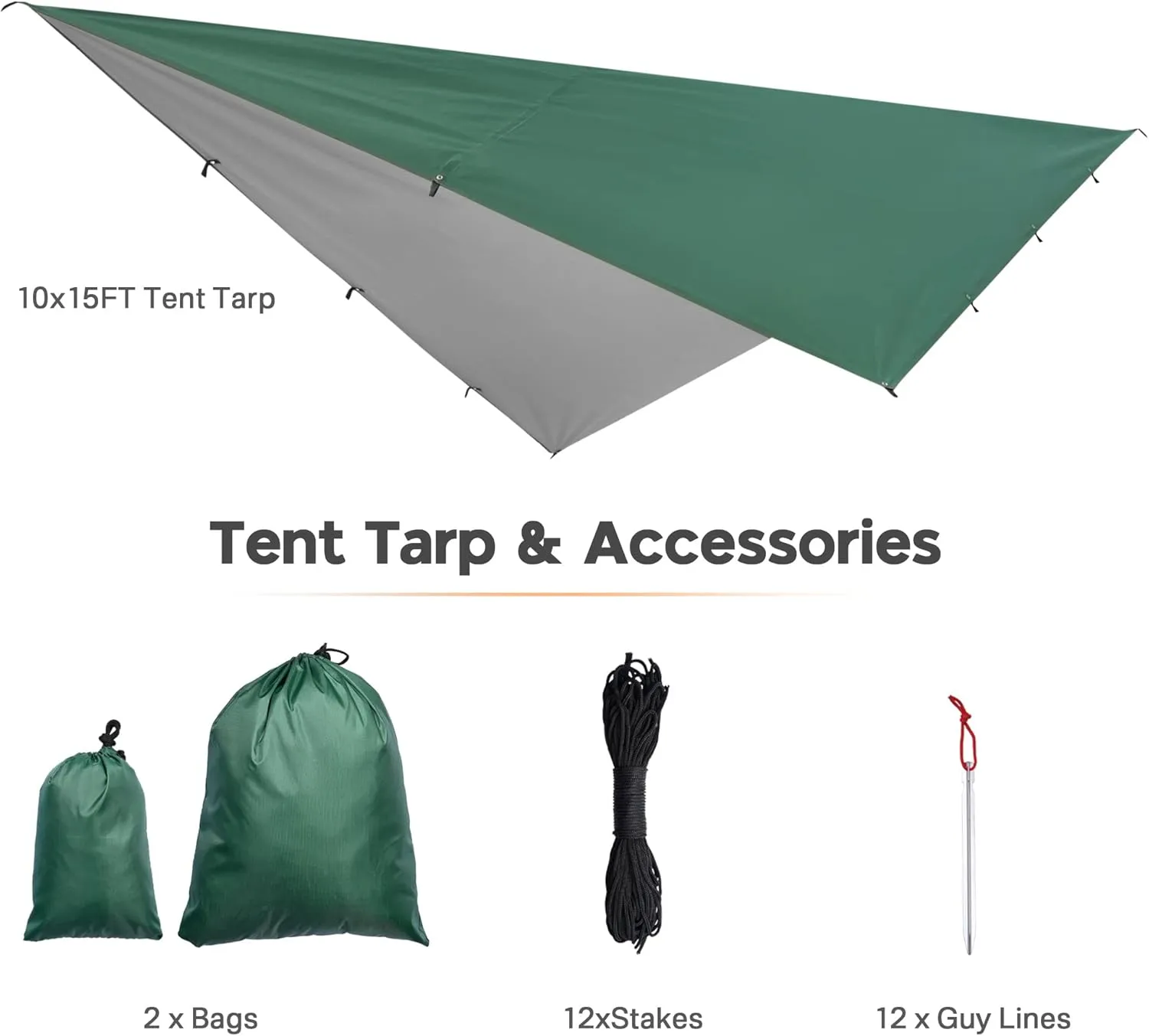 Yescom Hammock Rain Fly Waterproof Tent Tarp, 210D Oxford, UV Protection and PU3000mm Lightweight Shelter Canopy Including Accessories for Camping, Backpacking and Outdoor Adventure (Green-10x15FT)
