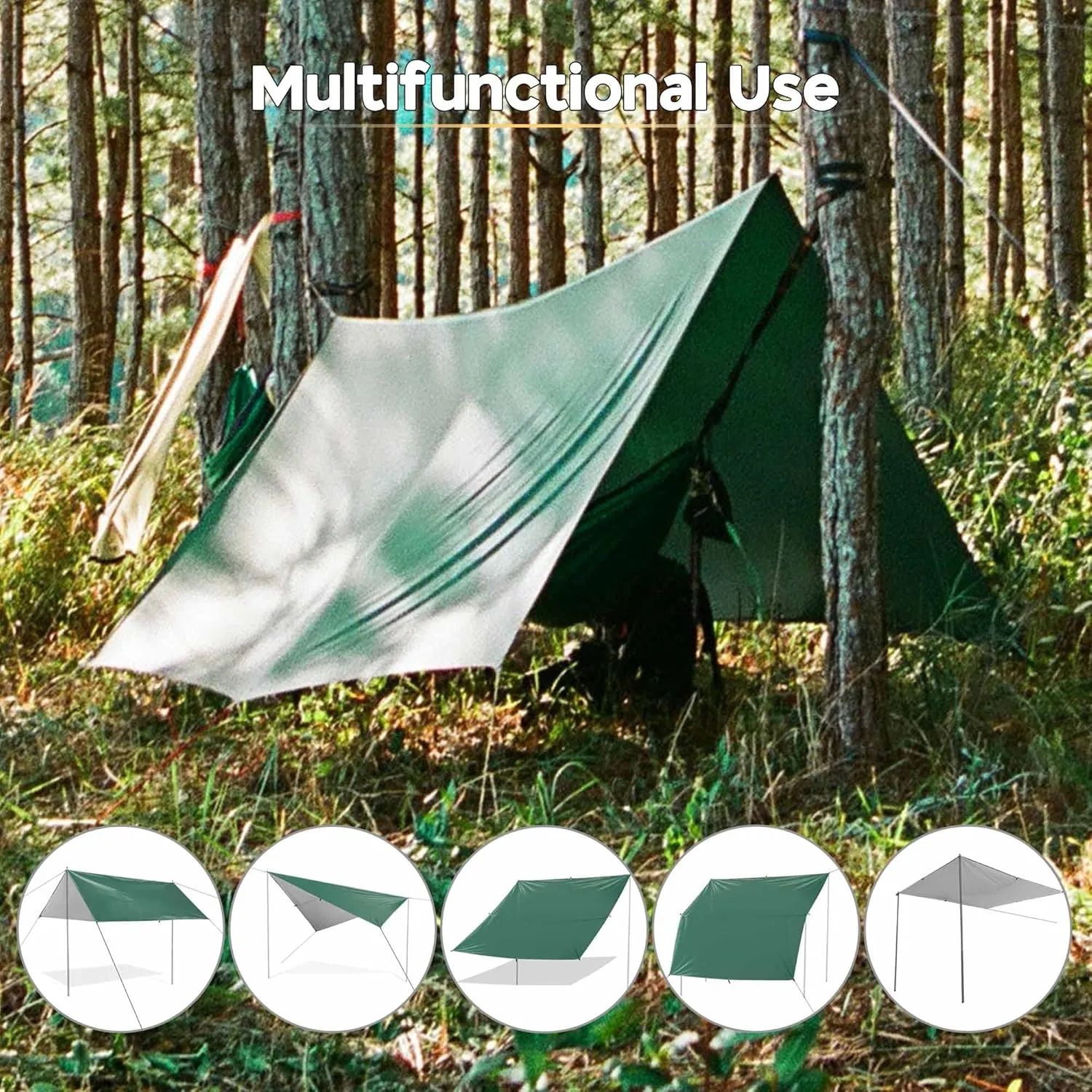 Yescom Hammock Rain Fly Waterproof Tent Tarp, 210D Oxford, UV Protection and PU3000mm Lightweight Shelter Canopy Including Accessories for Camping, Backpacking and Outdoor Adventure (Green-10x15FT)