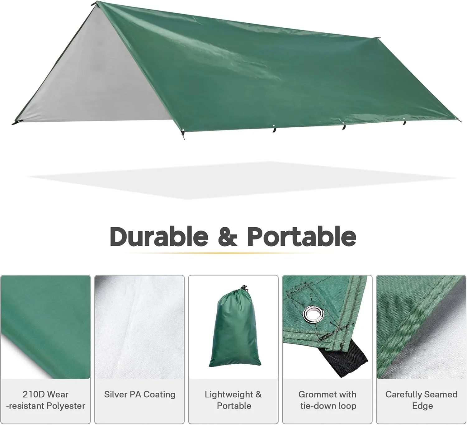 Yescom Hammock Rain Fly Waterproof Tent Tarp, 210D Oxford, UV Protection and PU3000mm Lightweight Shelter Canopy Including Accessories for Camping, Backpacking and Outdoor Adventure (Green-10x15FT)