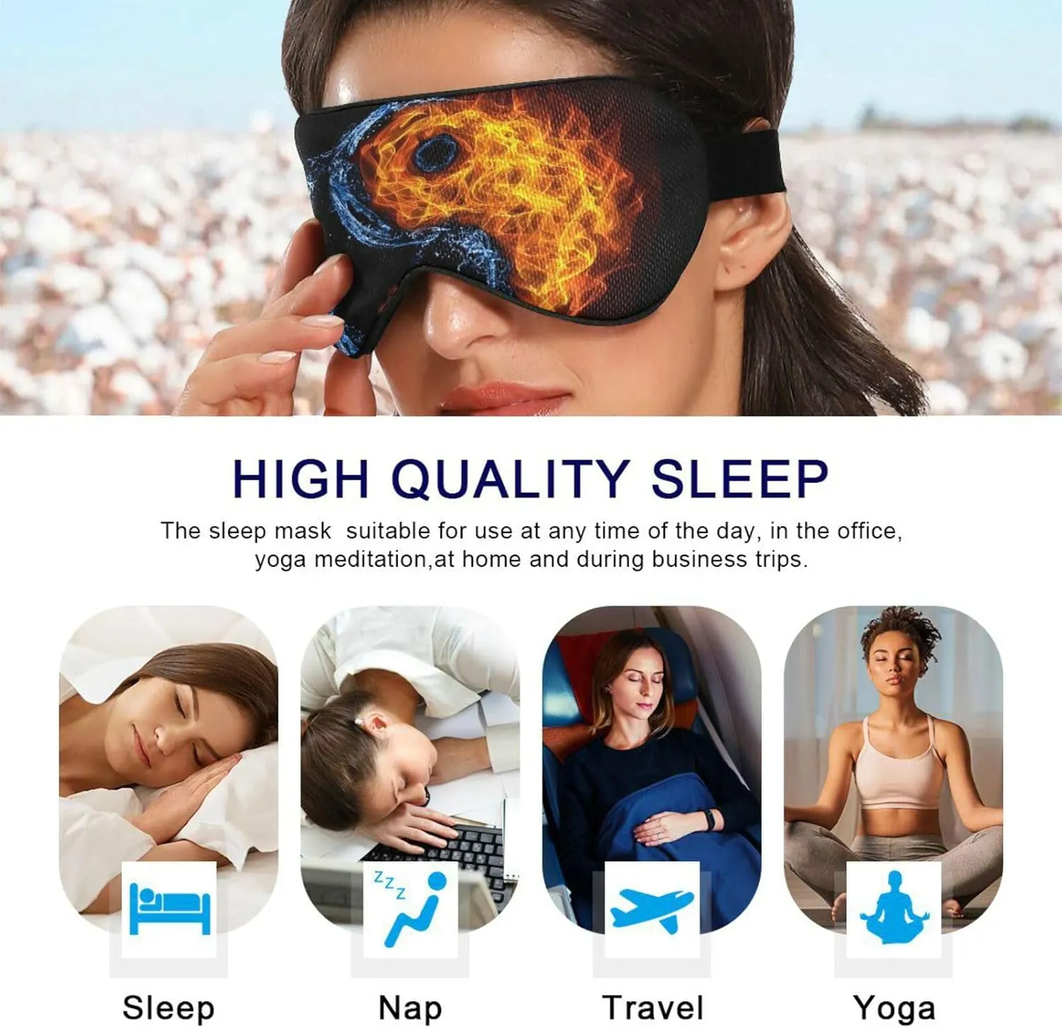 Ying Yang Black Sleep Mask Light Blocking Eye Mask for Sleeping with Adjustable Strap Water Fire Soft Lightweight Eye Cover Blindfold for Men Women Work Travel Naps