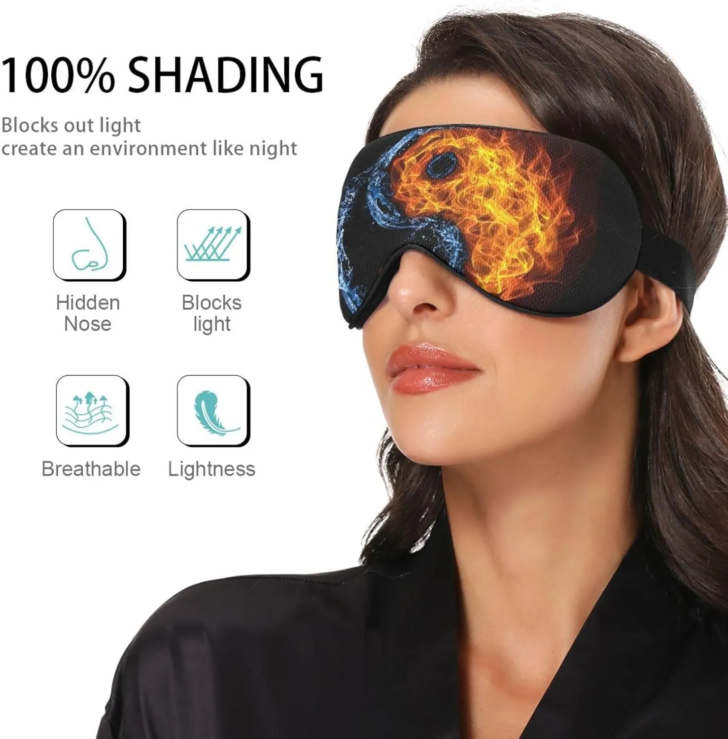 Ying Yang Black Sleep Mask Light Blocking Eye Mask for Sleeping with Adjustable Strap Water Fire Soft Lightweight Eye Cover Blindfold for Men Women Work Travel Naps