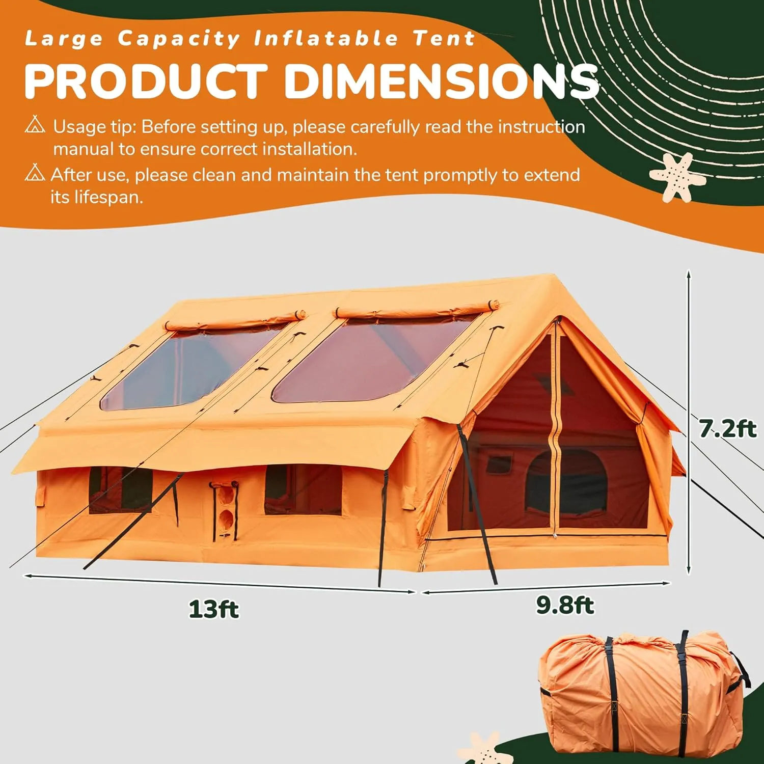 YOLENY Inflatable Tents for Camping, 4/6/8/10/12 Person Tent with TPU Skylight, Mesh Windows, Stove Jack & Pump, Easy Setup 4 Season Glamping Tent, Waterproof & Windproof