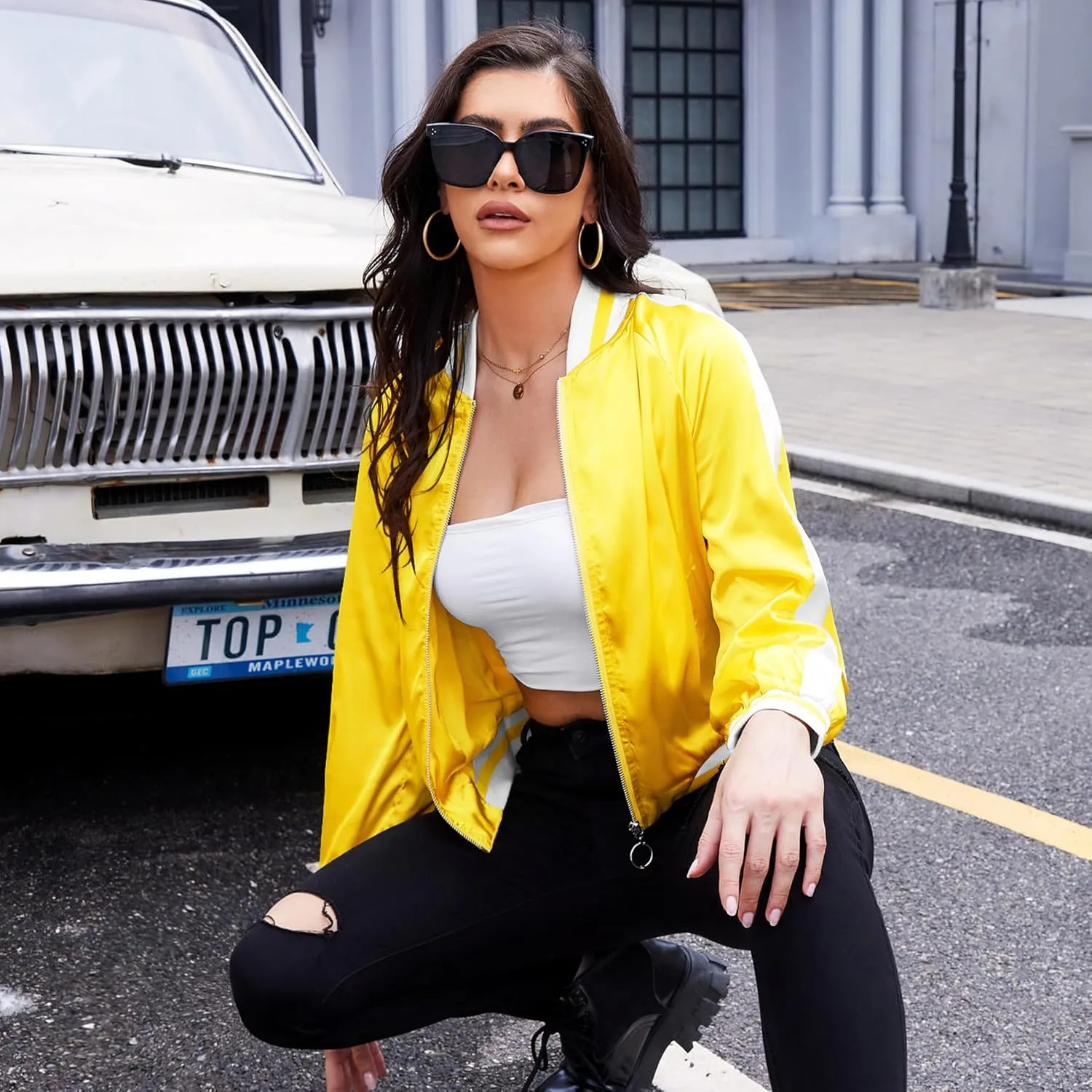 Zando Bomber Jacket Women Lightweight Cropped Jacket Zip Up Casual Striped Jacket Trendy Outerwear Windbreaker with Pockets