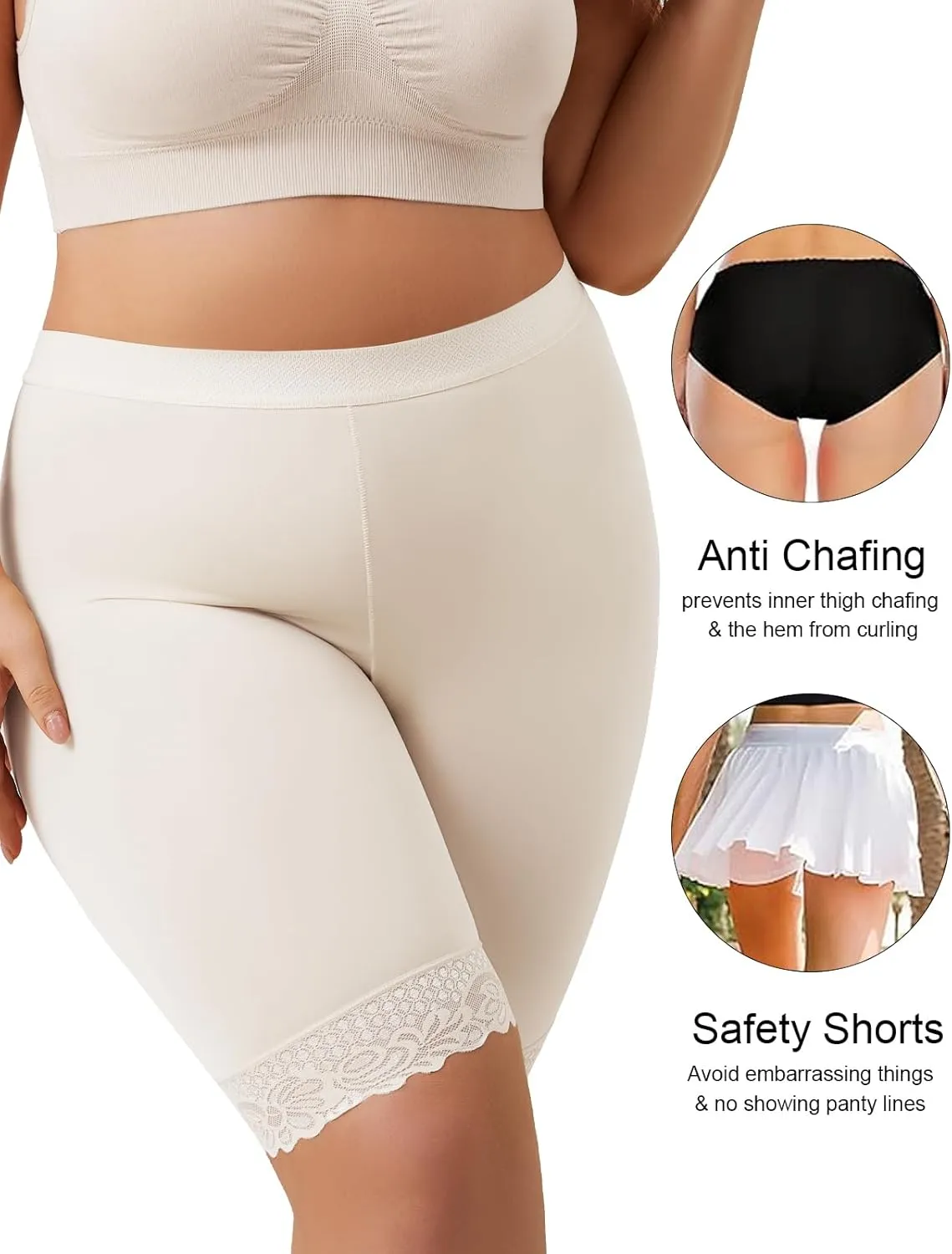 Zimi 4Pack Plus Size Womens Slip Shorts for Under Dresses Anti-Chafing Lace Trim Boyshorts Mid Thigh Underwear Panties L-4XL
