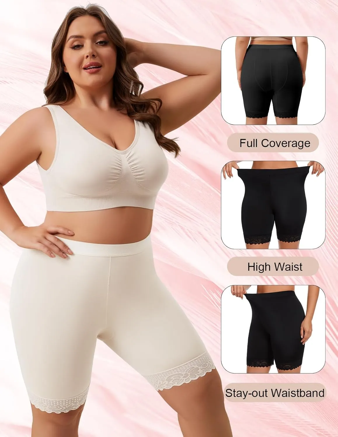 Zimi 4Pack Plus Size Womens Slip Shorts for Under Dresses Anti-Chafing Lace Trim Boyshorts Mid Thigh Underwear Panties L-4XL
