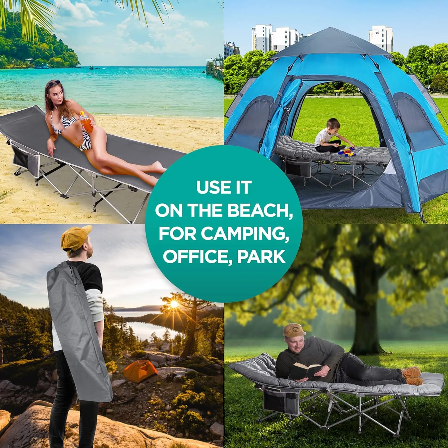 ZONETECH Folding Outdoor Camping Travel Cot and Pad - Premium Quality Lightweight Portable Heavy Duty Adult & Kids w/Large Pocket and Cushion (Gray 2-Pack)