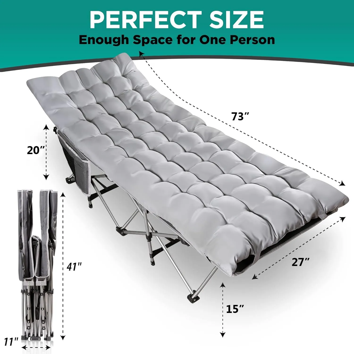 ZONETECH Folding Outdoor Camping Travel Cot and Pad - Premium Quality Lightweight Portable Heavy Duty Adult & Kids w/Large Pocket and Cushion (Gray 2-Pack)